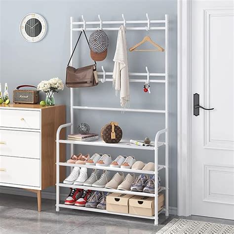 Amazon.com: Klrbiqy Coat and Shoe Rack,4-Tier White with Hooks,Coats ...