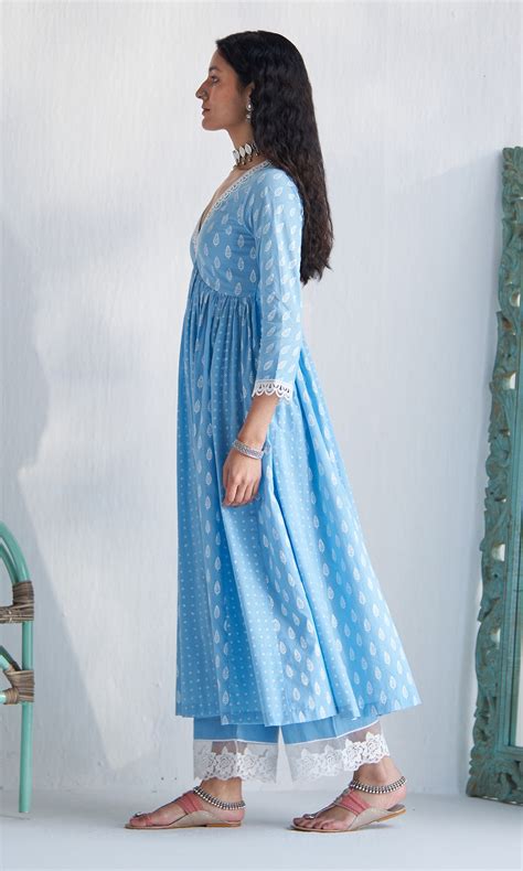 Gaj Powder Blue Khari Block Print V Neck Anarkali With Palazzo And Dup ...