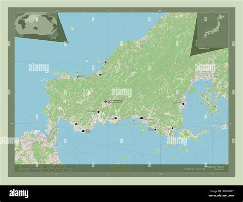 Yamaguchi, prefecture of Japan. Open Street Map. Locations and names of major cities of the ...