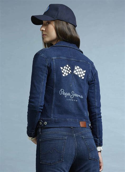 Blue Checkered Flag Logo Print Trucker Jacket | Pepe Jeans India