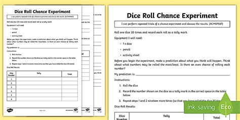 Dice Roller Chance Experiment Worksheet | Year 3 Maths