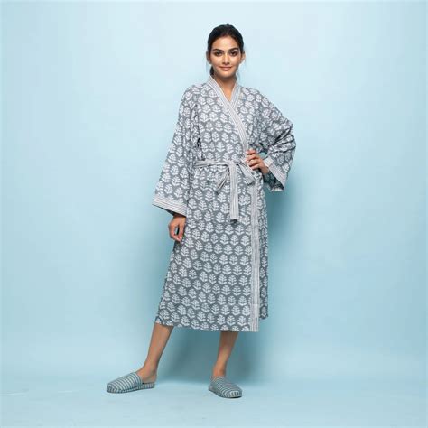 Buy Grey Cotton Hand Printed Kimono Robe Online @ Best Price