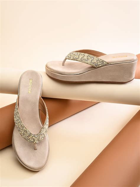 Shop Rocia By Regal Light Gold Women Embroidered Thong Platforms Online