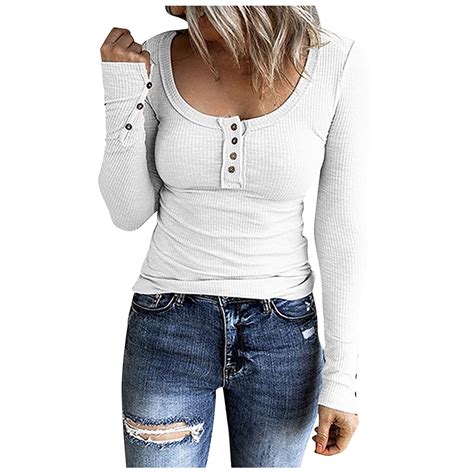 Long Sleeve Shirts for Women Low Cut Henley Top Ribbed Knit Shirt Slim ...