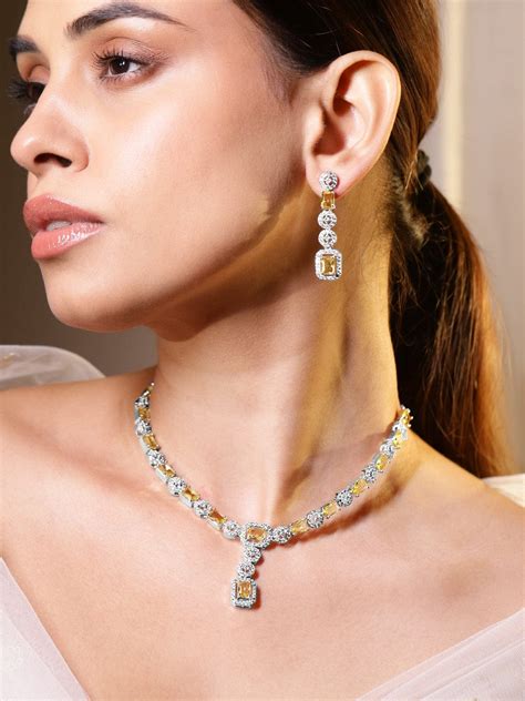 Citrine Studded American Diamond Zirconia Necklace Set – Rubans
