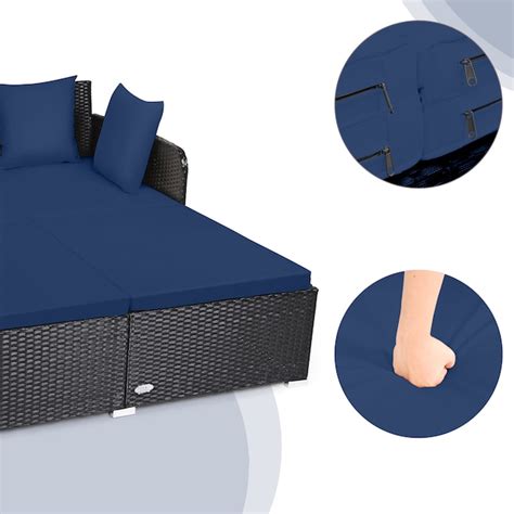 Costway Rattan Outdoor Daybed with Blue Cushions and Rattan Frame in ...