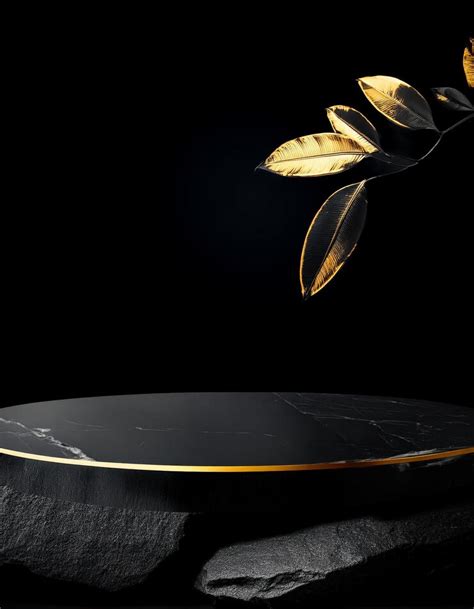 Black marble podium with golden rim and gold leaf on black background ...