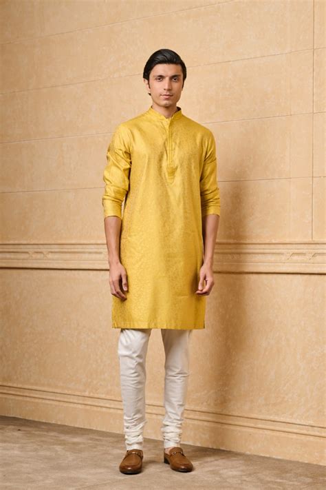 Buy Yellow Floral Kurta Set With Top Stich Detailing for Men from Tasva ...