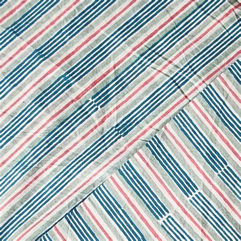 Pure Cotton Jaipuri Mint Green with blue and pink Stripes Hand Block P ...
