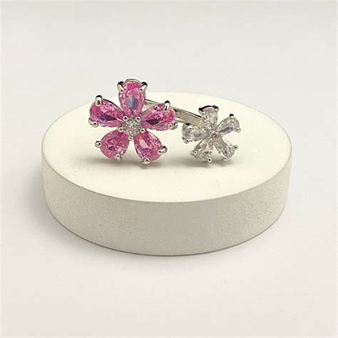 Adjustable Silver Pink Flower Stone Studded Ring– Oralia India