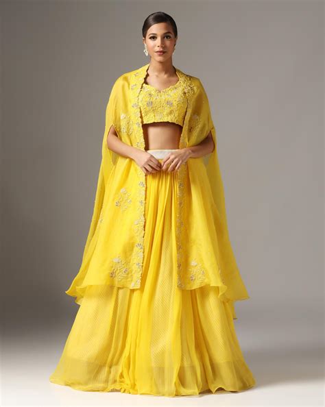Yellow Organza & Raw Silk Dori Embroidered Jacket Lehenga Set – Yashodhara