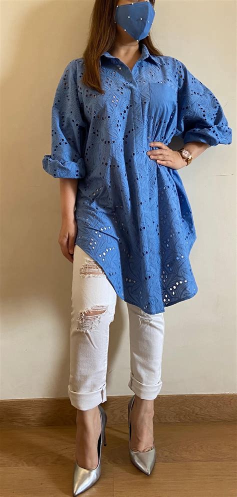 Lagoon Blue Oversized Chikankari Shirt (Freesize) – Kylee