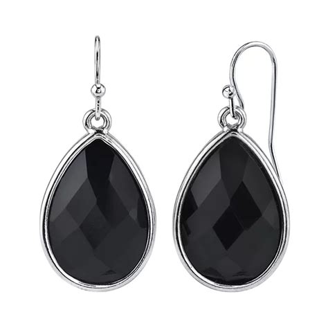 1928 Jewelry Silver Tone Black Faceted Pearshape Drop Earrings