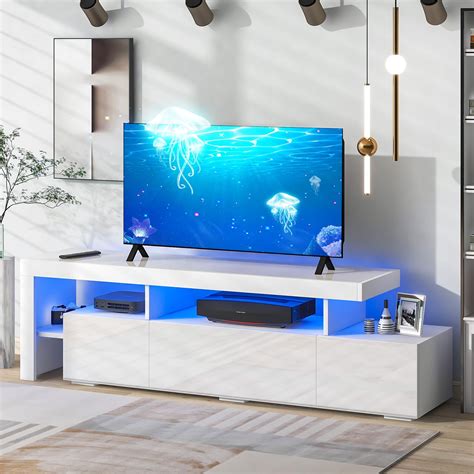 Modern LED TV Stand for 70 inch TV, White Entertainment Center with LED ...