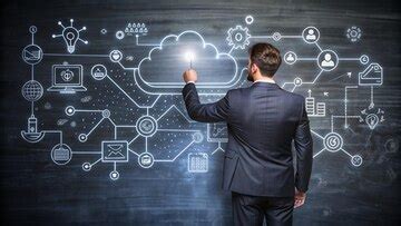 Digital transformation businessman drawing progress on chalkboard ...