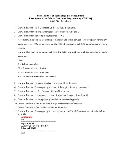 Flow Chart Problems - practice and assignments - Birla Institute of ...