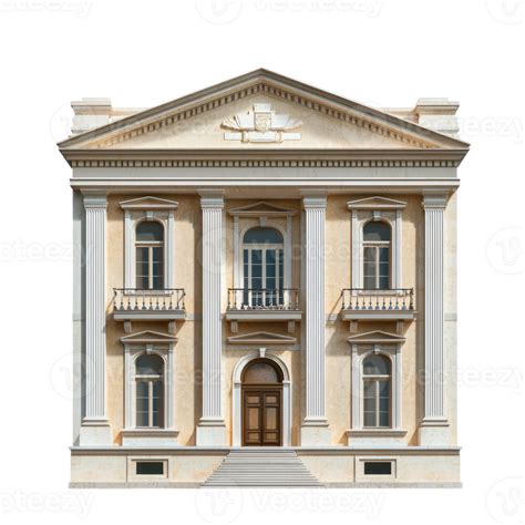 An arched neoclassical building with hanging PTT banners