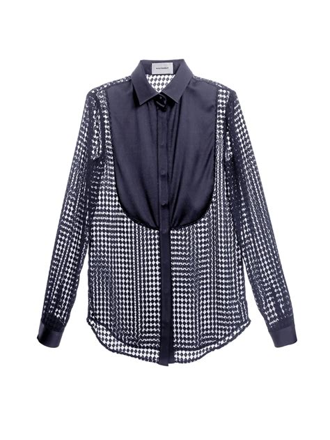 VICKTEERUT Women Navy Long Sleeve Shirt with Tuxedo Bib Detail ...