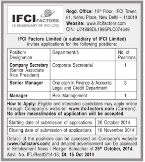 IFCI Factors Recruitment 2014 Managers, Company Secretary