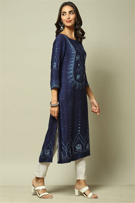 Indigo Rayon Straight Printed Kurta