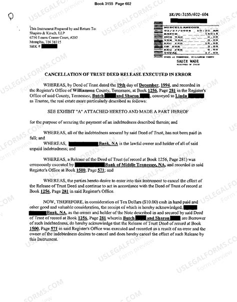 Tennessee Cancellation of Trust Deed Release Executed in Error | US ...