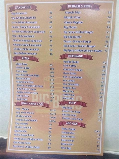 Menu at BIG BUNS, Srinagar, City centre