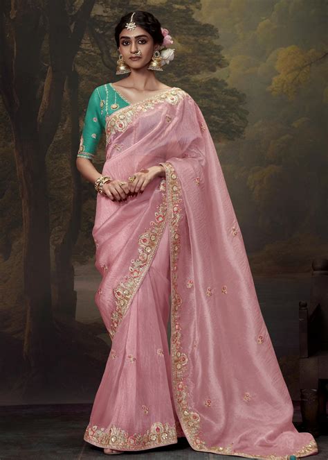 Crushed Tissue Silk Rose Pink Saree With Handwork Embroidery in USA ...