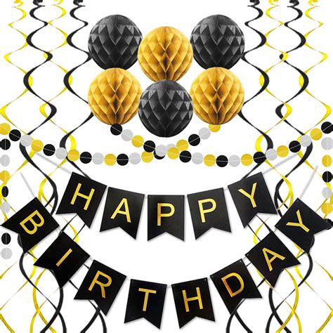 Black Birthday Decorations Happy Birthday Banner Paper Pom Poms Circle ...