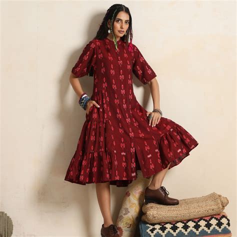 Ruya- Rust handwoven ikat tiered dress – Label Raasleela