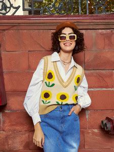 SASSAFRAS Floral Print V Neck Casual Women Beige Sweater - Buy ...