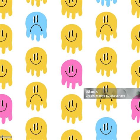Melting Smiling Faces Seamless Pattern Yellow Colorful Groovy Emoji ...