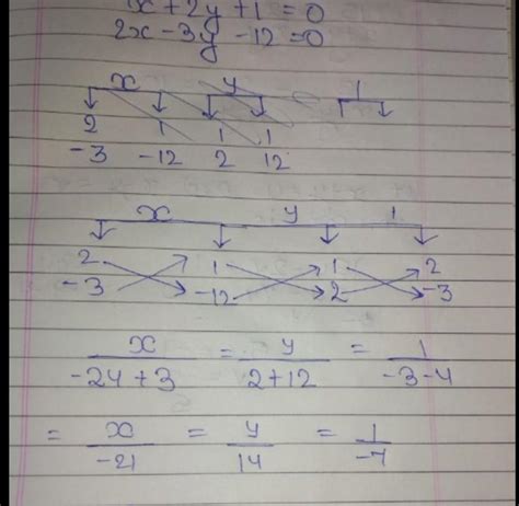 Solve cross multiplication x+2y+1=0 2x-3y-12=0 - Brainly.in