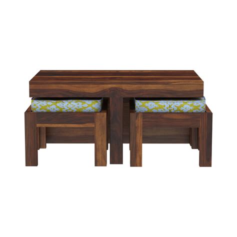 Khimsar Sheesham Wood Rectangular Coffee Table with 2 Stools – Induscraft