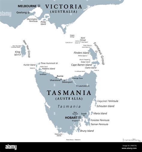 Tasmania and surrounding area, island state of Australia, gray ...
