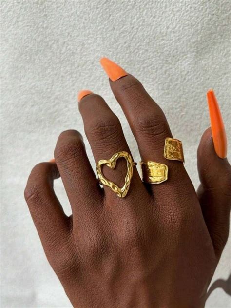 2pcs/Set Stainless Steel Open Heart Plated Gold Women Rings Set | SHEIN USA