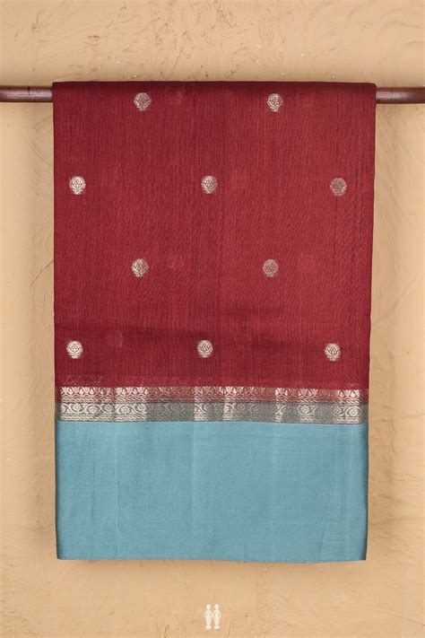 Tussar Silk Saree In Ruby Red With Floral Buttas