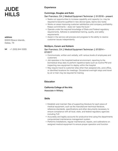 Medical Equipment Technician Resume Samples | Velvet Jobs
