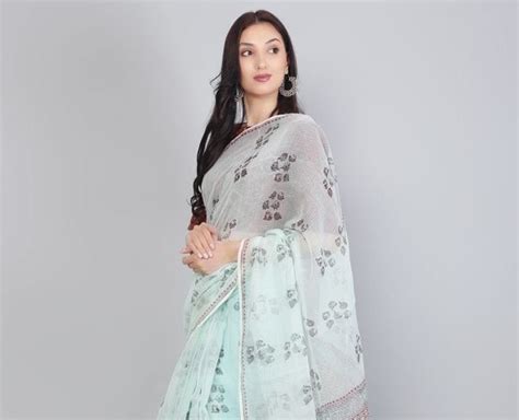 Powder Blue Hand Block Printed Cotton Kota Saree
