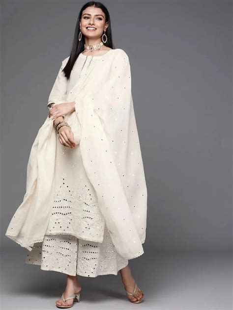 Buy Off-White Embroidered Cotton Straight Kurta With Palazzos & Dupatta ...