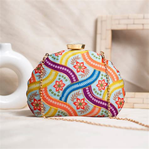 Blue Multicolour Pattern Moon Shaped Clutch - Artklim