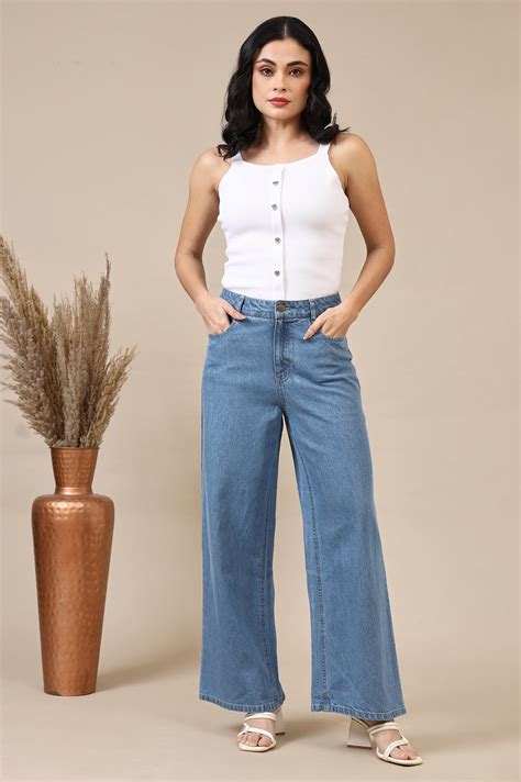 Buy Light Blue Cotton Denim Flared Pants Online for Woman | Shop for ...