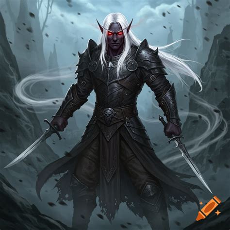A fantasy dark elf warrior with long white hair and glowing blue eyes ...