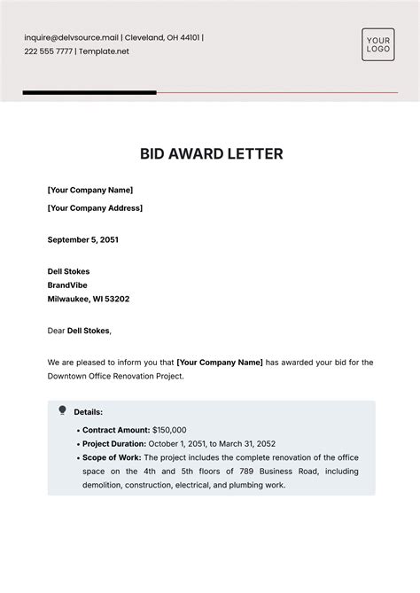 Free Bid Award Letter Template to Edit Online