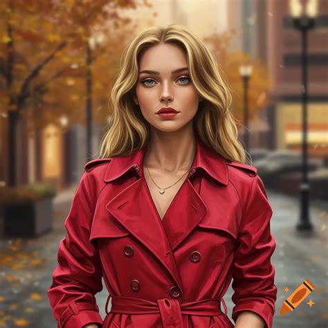 Lady in red trench coat and gold jewelry on Craiyon