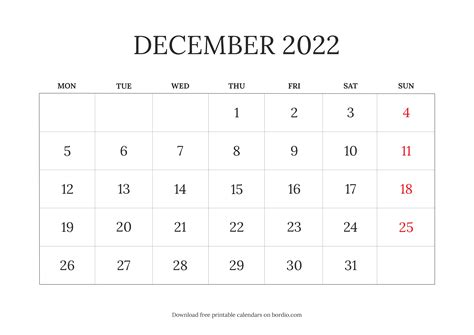 December 2022 Printable Calendar Blank Templates in PDF - Bordio