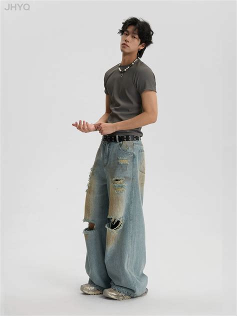 JHYQ Washed Distressed Ripped Baggy Jeans - XS / blue | Clothes, Ripped ...