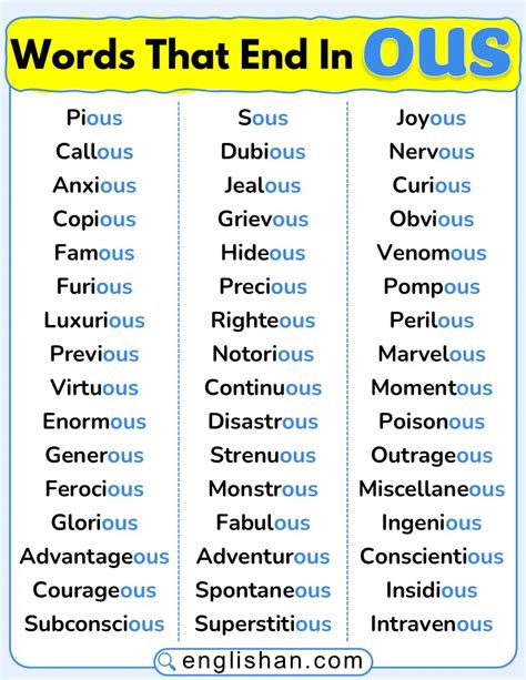 Complete List of Words That End With OUS