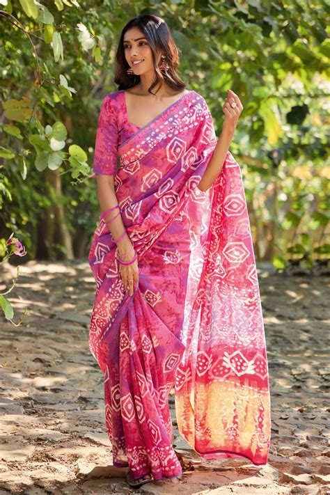Pink Batik Printed Cotton Silk Saree