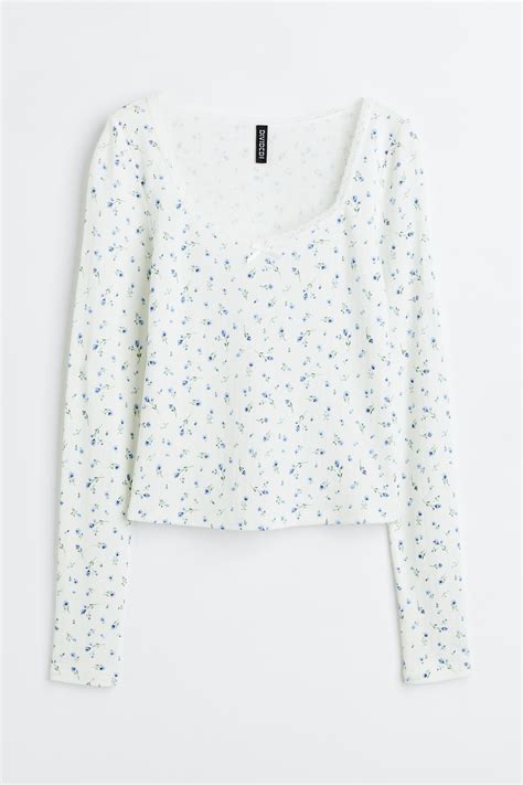 Lace-trimmed pointelle jersey top - Cream/Small flowers - Ladies | H&M IN