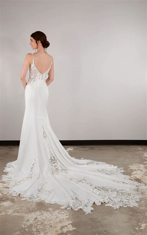 Classic Lace Fit-and-Flare Wedding Dress with Cut Out Train and Spaghetti Straps